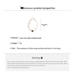 Lace heart pendant choker with resin details and imitation pearls measurement detail