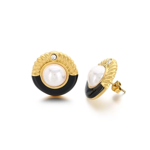 French court style gold-tone stainless steel earrings with pearl and black enamel