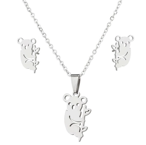 Cute silver koala necklace and earrings jewelry set in minimalist stainless steel design