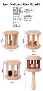 Detailed view of natural wooden baby rattles with dimensions and smooth wood grain finish