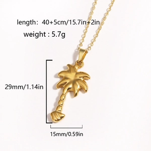 Detailed dimensions of gold coconut tree pendant necklace showing 29mm height and 5.7g weight