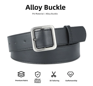 Close-up of black PU leather belt with silver brushed alloy square pin buckle detail
