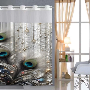 Waterproof Polyester Shower Curtain With Digital Print Winter Forest Peacock Feather Pattern Hookless Grommet Top Bathroom Decor