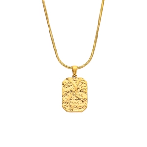Retro golden rectangular pendant necklace with hammered texture and fine snake chain