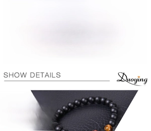 Detailed spec chart of 8mm tiger eye bead bracelet with matte black onyx stone
