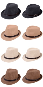 Détail de chapeaux fedora en paille tressée avec bandes en cuir et boucles en métal en 4 coloris