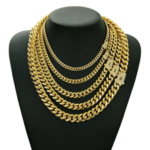 14K gold-plated stainless steel layered Cuban link chain necklace with diamond accents
