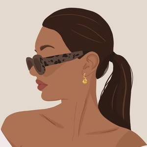 Chic gold sphere drop earrings styled on a fashion illustration with leopard sunglasses