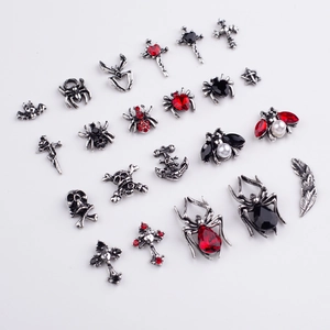 Silver Halloween nail charms set with spiders, skulls and crosses in gothic dark style