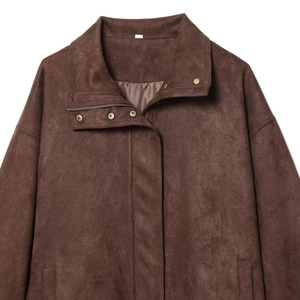 Vintage brown suede jacket for women featuring metal zippers and golden buckle hardware