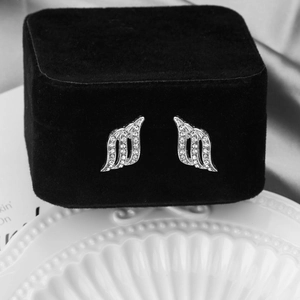 Macro shot of silver wing earrings with sparkling cubic zirconia on a jewelry box