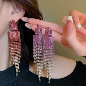 Elegant geometric tassel earrings with pink gradient rhinestones and luxury finish