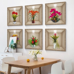 Set of 6 3D floral wall stickers with faux wood frames and simulated potted plants