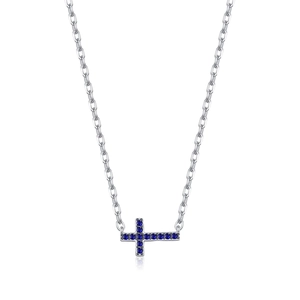 S925 sterling silver necklace with a lateral cross pendant and pave blue stones