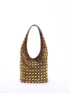Close-up of leopard print fabric texture and gold stud rivets on the U-shaped bag