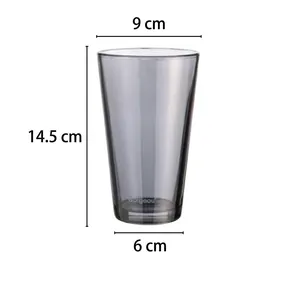 Smoky grey glass straw cup with dimensions diameter 9cm height 14.5cm and bottom 6cm