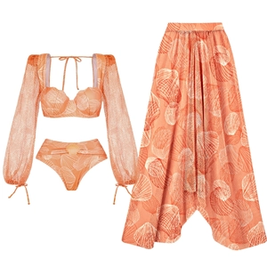 Three-piece orange shell print V-neck swimwear set with mesh sleeves and matching sarong