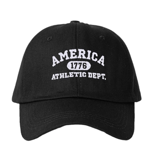 Black cotton baseball cap with white America Athletic Dept embroidery on front