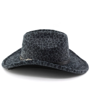Detail of leopard print jazz hat with black leather strap and metallic studs buckle