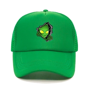 Detail of emerald green trucker hat with alien print and breathable mesh back