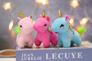 Detailed trio set of plush unicorn keychains in pink and blue with star embroidery