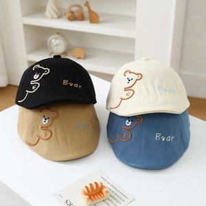Toddler Flat Cap Cotton Blend Bear Embroidery Adjustable Newsboy Hat For Baby Boys Girls Daily Casual Korean Style