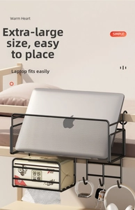 Detail of metal bedside basket with laptop storage, tissue holder, and utility hooks