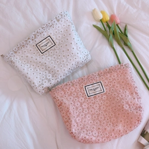 Daisy lace embroidered pouches in pink and white with zipper and tulip accents