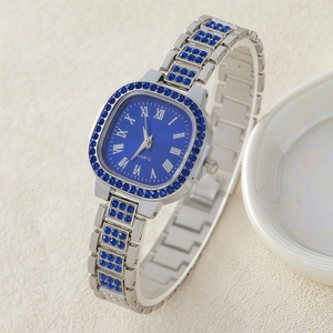 Orologio quarzo argento con strass blu e numeri romani su quadrante blu scuro