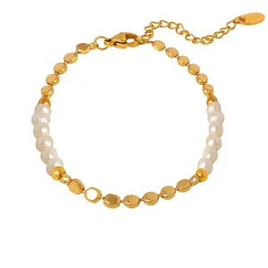 French Chic Brass Chain Bracelet With Freshwater Pearl Inlaid Adjustable Extension Chain Fashion Jewelry For Women Gift
