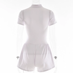 Back view detail of white short sleeve bodysuit with a slim fit and seamless finish