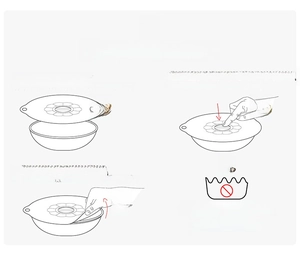 Three-step diagram showing how to seal and lift the silicone lid on a round container bowl