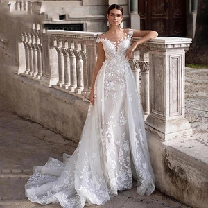 Elegant Lace Wedding Dress Long Train Off Shoulder Mermaid Bridal Gown Women White Embroidery Backless Formal Wedding