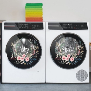Wash and Dry floral wall stickers for laundry machine decoration on white drum units