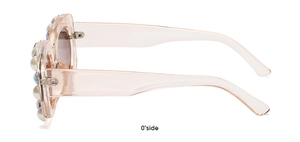 Side view of pink transparent square sunglasses with pearl and rhinestone temple detail