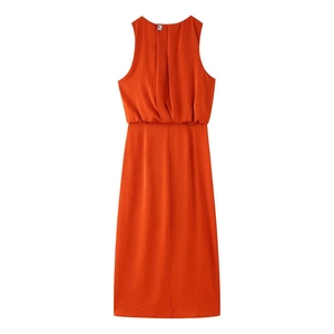Women Sleeveless Satin Maxi Dress Elegant Round Neck High Waist Side Slit Pleated Solid Color Summer Commuter