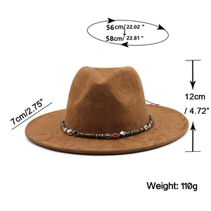 Brown faux suede cowboy hat with beaded band and detailed sizing specifications