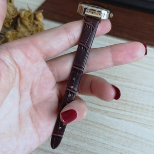 Close-up of dark brown crocodile texture leather strap and gold watch case on wood background