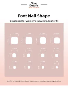 Size chart showing 12 different dimensions for French white flower press-on toenails