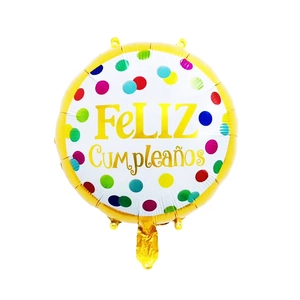 Detail of 18-inch white Feliz Cumpleaños foil balloon with colorful polka dots and gold trim