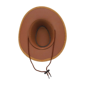 Top-down detail of brown cowboy hat with yellow woven edge and adjustable wind cord