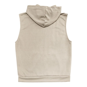 Vue arrière détaillée montrant le motif jacquard en maille du gilet beige à capuche