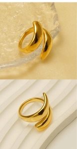 Macro view of double-layer geometric 18k gold plated stainless steel ring on a display stand