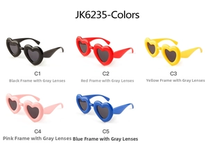 Multiple heart-shaped sunglasses model JK6235 in black, red, yellow, pink and blue colors