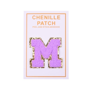 Purple chenille letter M patch with gold sequins and self-adhesive peel and stick back