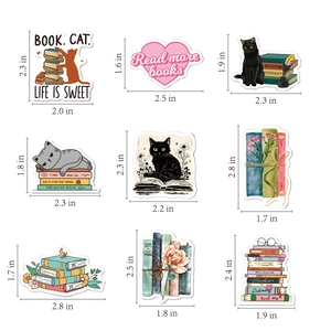 Detailed size guide for vinyl book and cat stickers with various cute reading designs