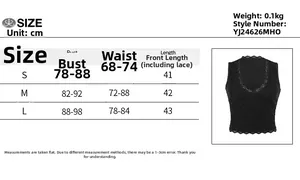 Size chart for lace V-neck crop tank top with measurements for S, M, L sizes