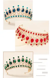 Detailed macro view of bridal tiaras with blue, red and green teardrop crystals