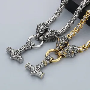 Viking Thor's Hammer Mjolnir Pendant Necklace For Men Stainless Steel Wolf Heads Byzantine Chain Nordic Mythology Punk