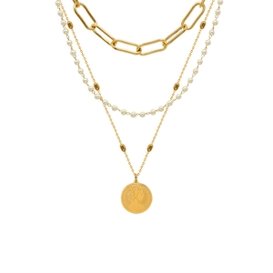 Three-layer titanium steel necklace with pearls and Queen Elizabeth coin pendant